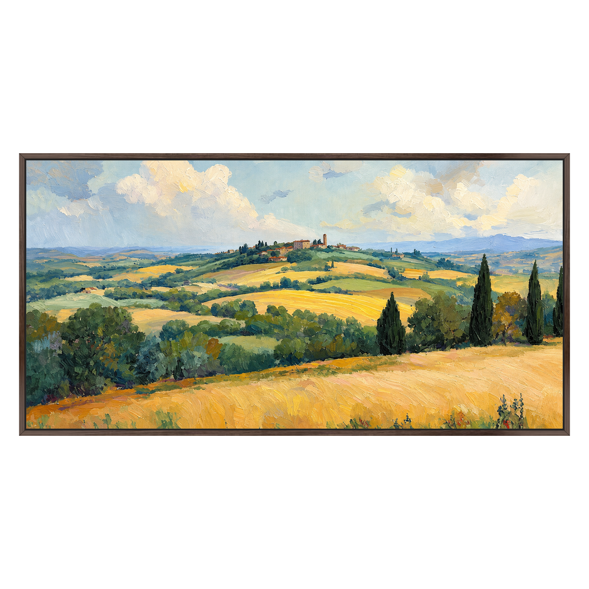 Golden Hills panoramic artwork in a dark brown wood frame on a transparent background.