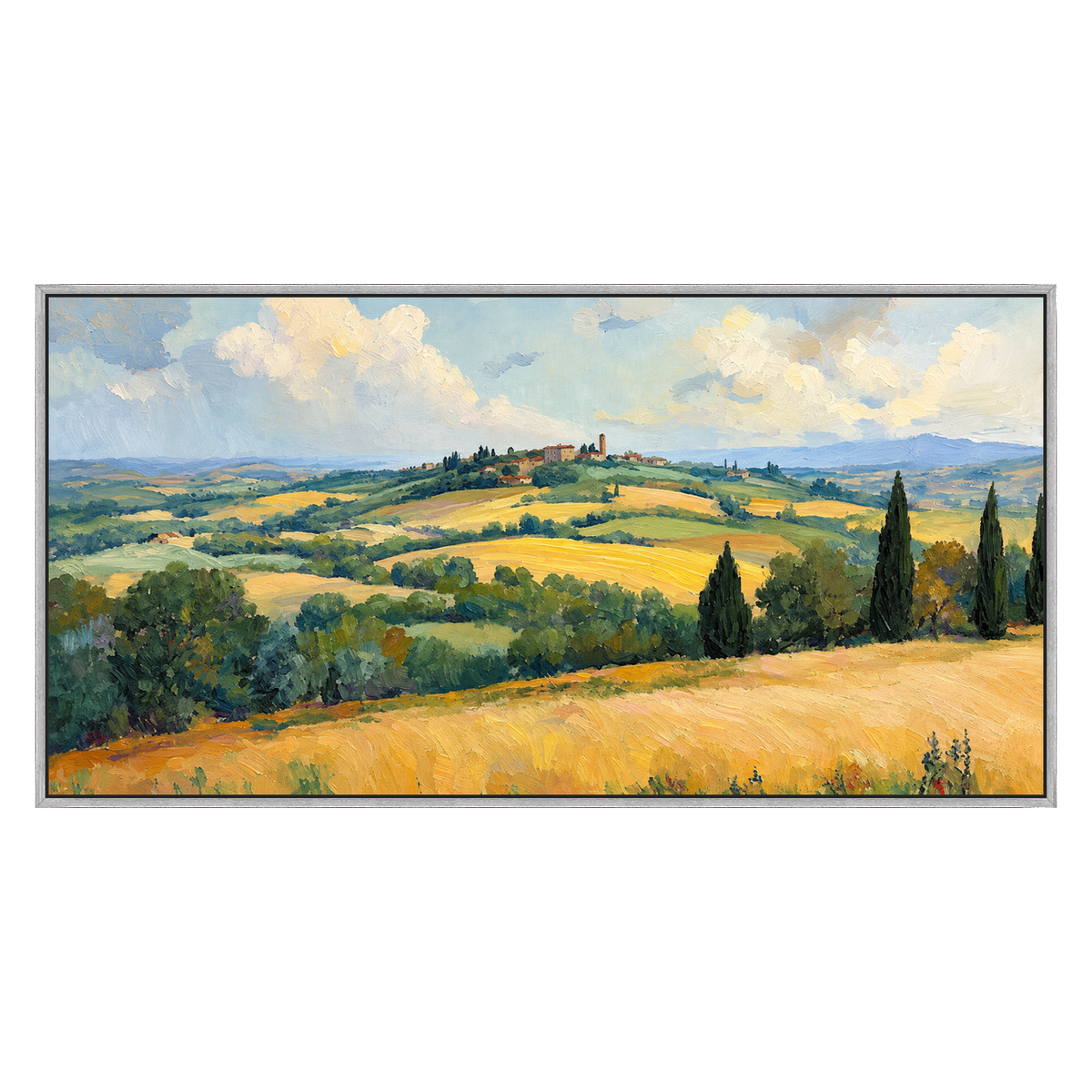 Golden Hills panoramic artwork in a silver frame on a transparent background.