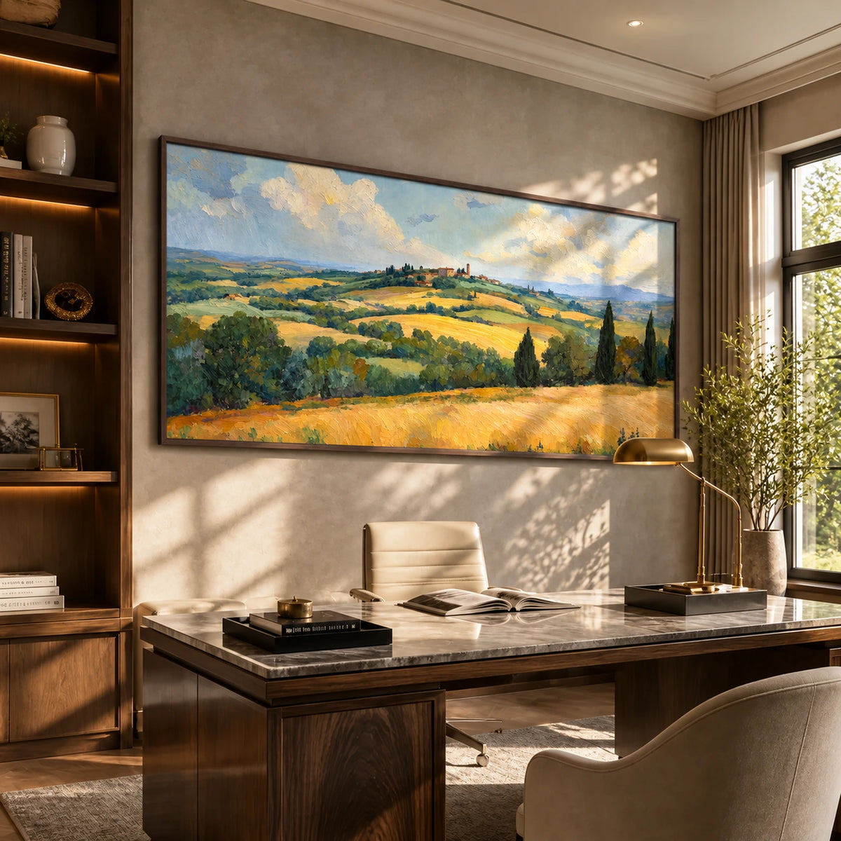 Golden Hills painting above a wooden desk beside bookshelves.