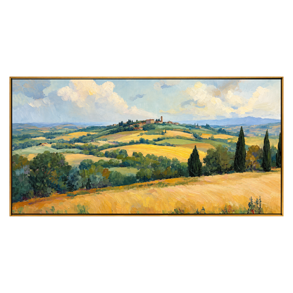 Golden Hills panoramic artwork in a natural wood frame on a transparent background.