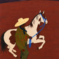 A green-clad figure steadies a rearing cream horse against a deep rust-red landscape. Full artwork without a frame.