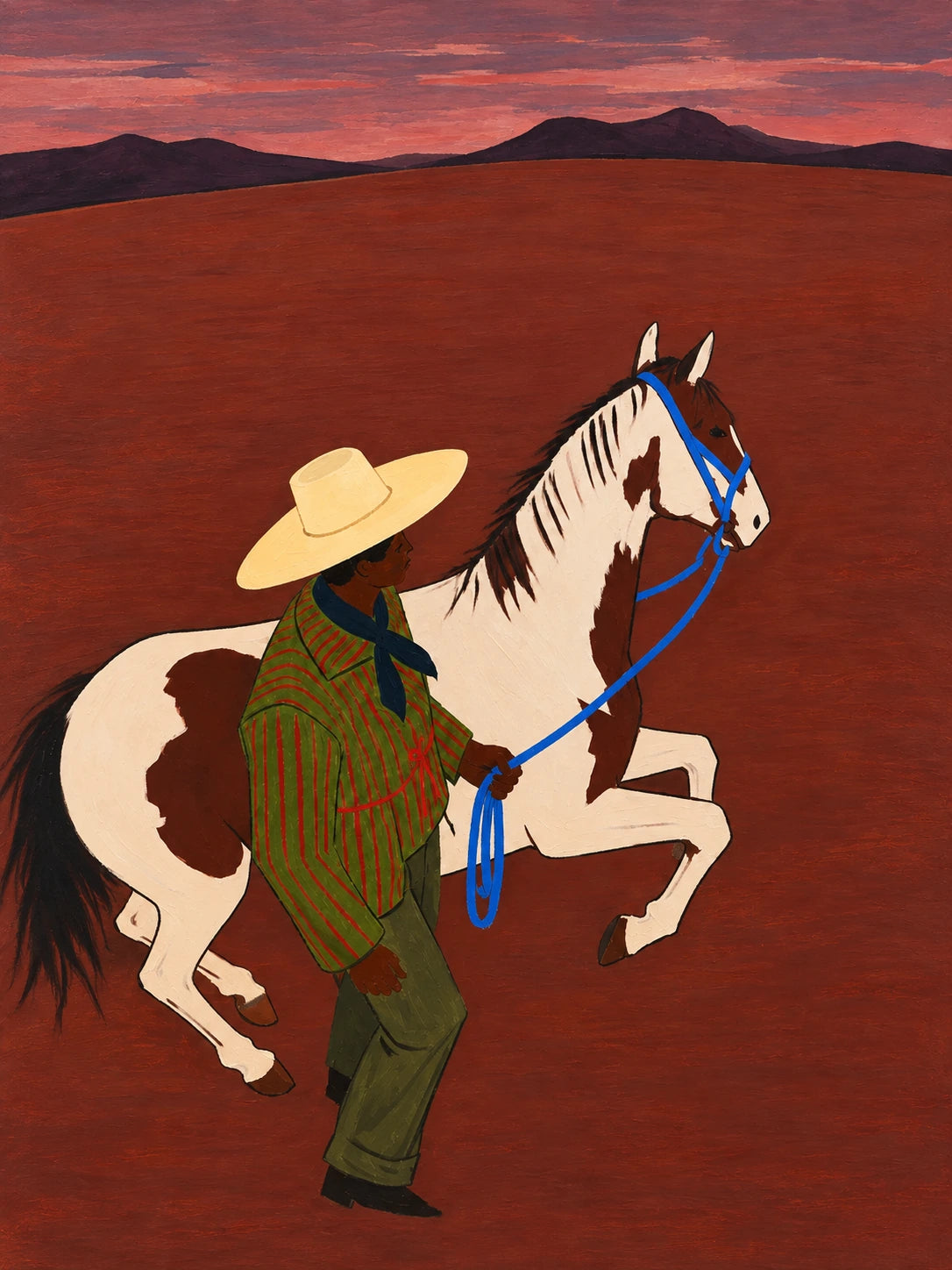 A green-clad figure steadies a rearing cream horse against a deep rust-red landscape. Full artwork without a frame.