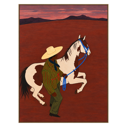 Crimson Reins vertical artwork in a natural wood frame on a transparent background.