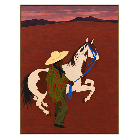 Crimson Reins vertical artwork in a natural wood frame on a transparent background.
