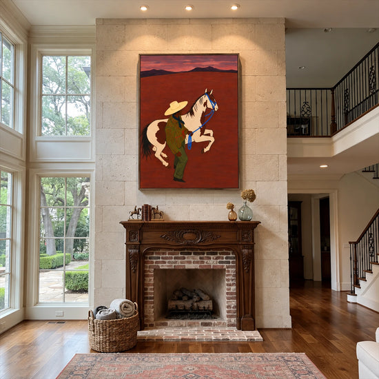 Crimson Reins painting above a fireplace in a tall living room.