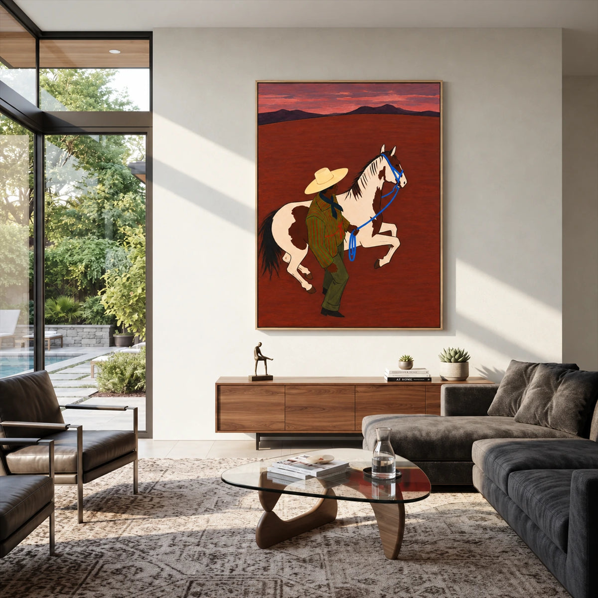 Crimson Reins painting above a dark sofa beside tall windows.