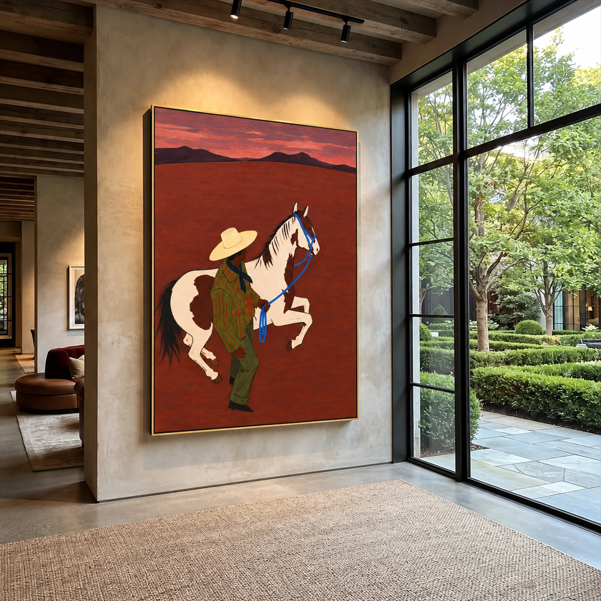 Crimson Reins painting on a tall wall beside a glass doorway.