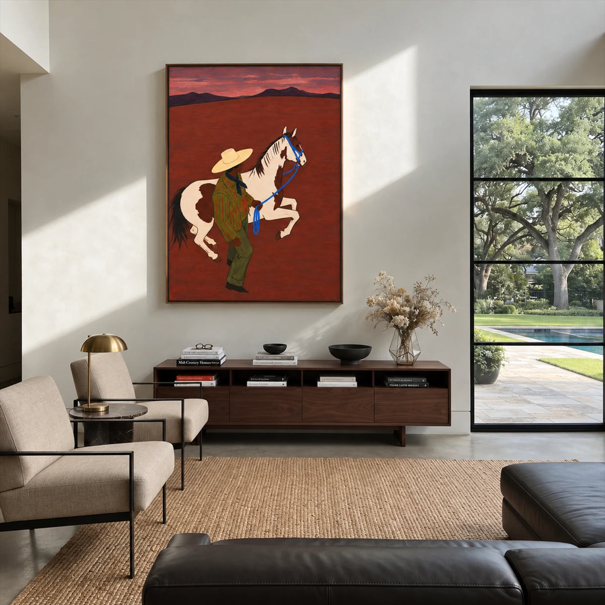 Crimson Reins painting above a wooden console beside windows.
