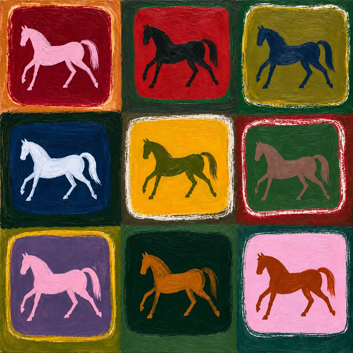 Nine horses appear in a lively grid of crimson, mustard, pink and deep green. Full artwork without a frame.