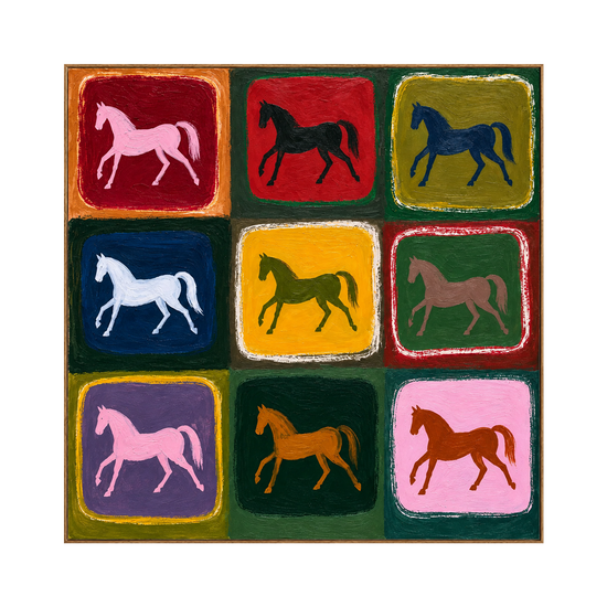Chromatic Horses square artwork in a natural wood frame on a transparent background.