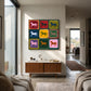 Chromatic Horses painting above a wooden cabinet in an open living room.
