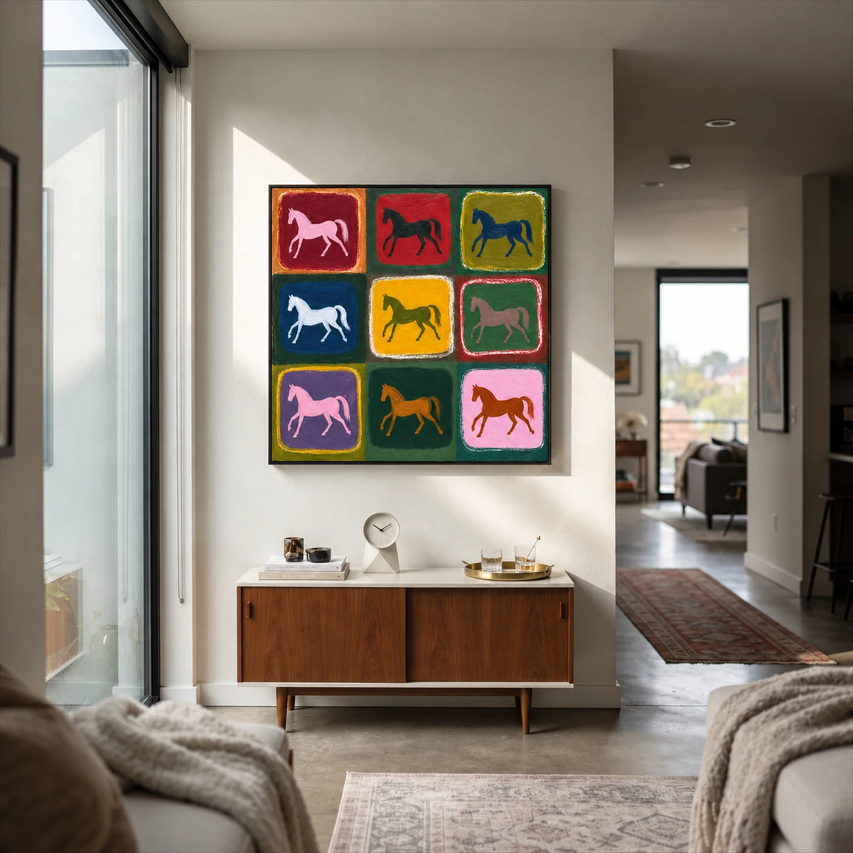 Chromatic Horses painting above a wooden cabinet in an open living room.