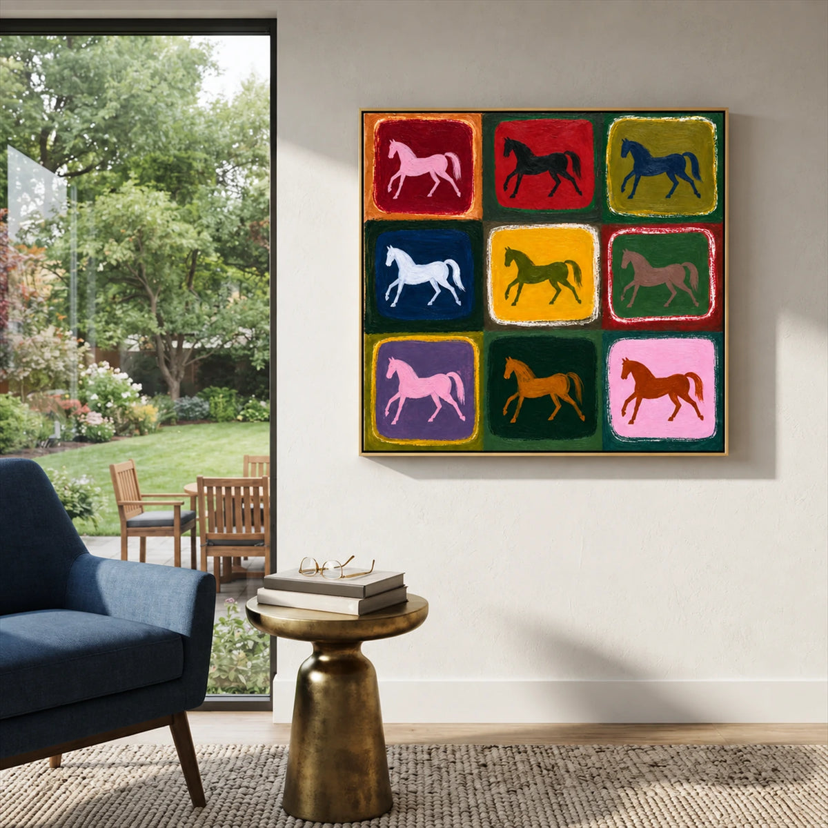 Chromatic Horses painting above lounge seating beside garden windows.