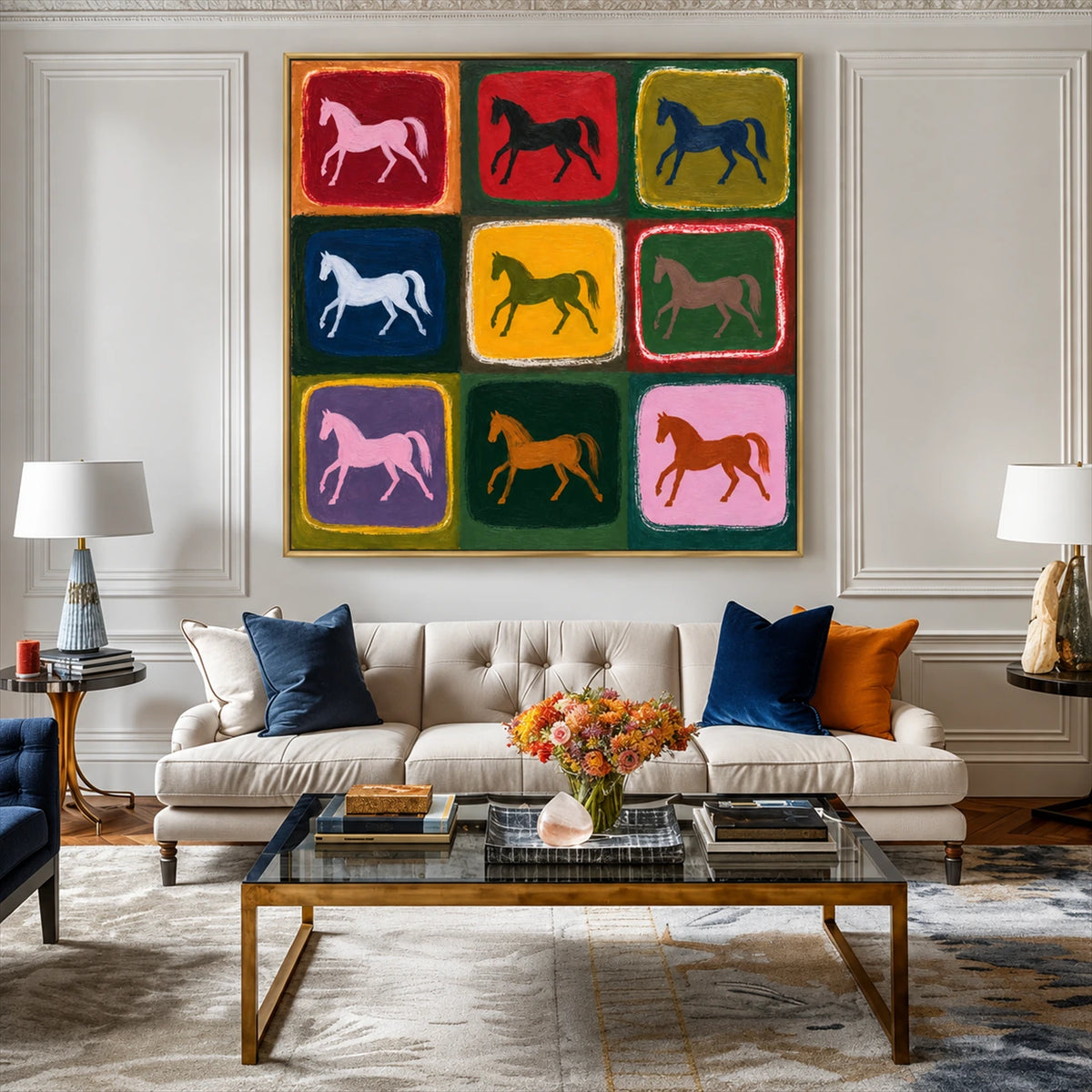 Chromatic Horses painting above a pale sofa with colorful cushions.