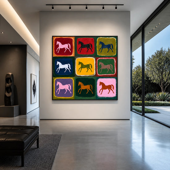 Chromatic Horses painting in a bright entryway beside tall windows.