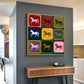Chromatic Horses painting above a wooden cabinet on a blue accent wall.