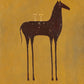 A slender dark horse stands against an expansive ochre ground, its elongated legs giving the spare silhouette an elegant rhythm. Full artwork without a frame.
