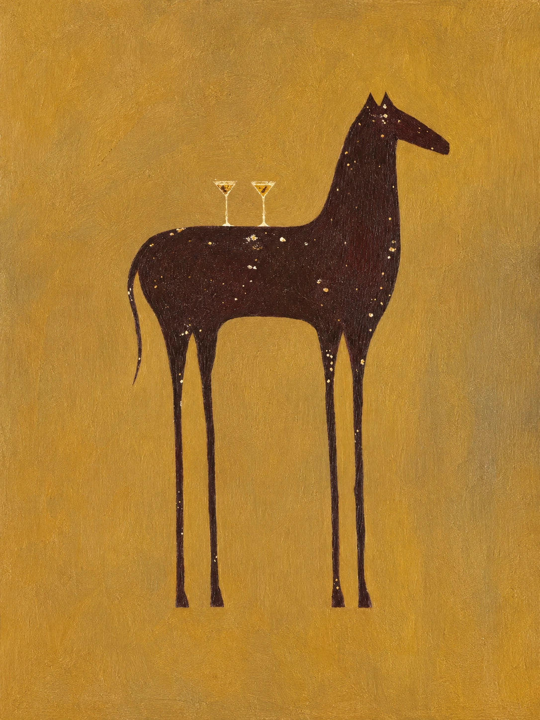 A slender dark horse stands against an expansive ochre ground, its elongated legs giving the spare silhouette an elegant rhythm. Full artwork without a frame.
