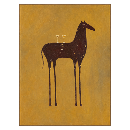 Ochre Steed vertical artwork in a natural wood frame on a transparent background.