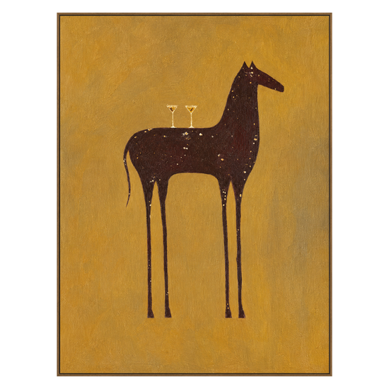Ochre Steed vertical artwork in a natural wood frame on a transparent background.