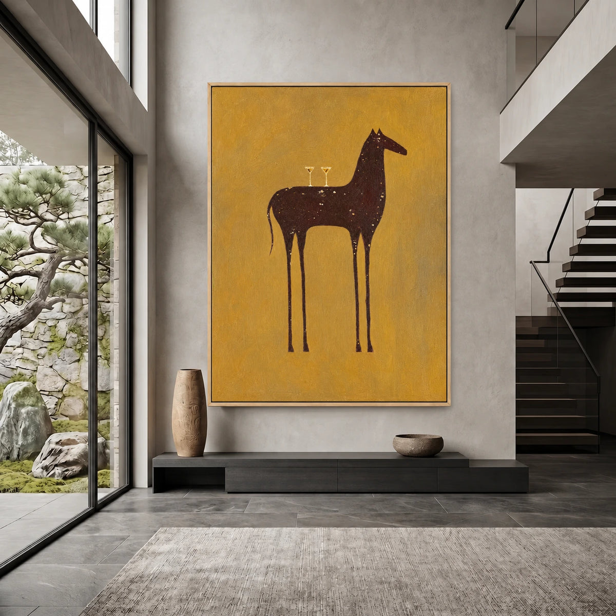 Ochre Steed painting above a low console beside a staircase.
