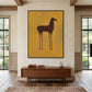 Ochre Steed painting above a wooden cabinet beside a tall window.