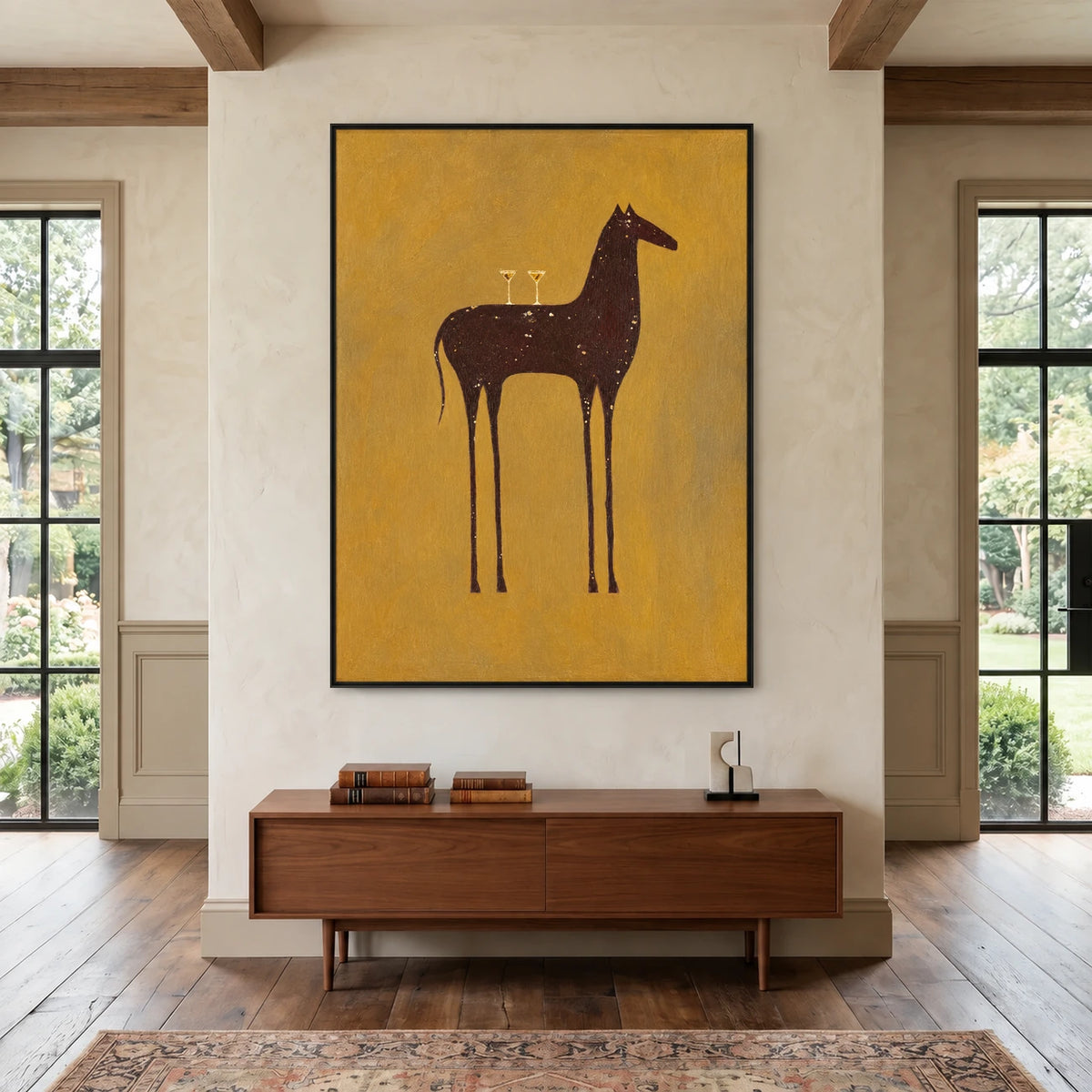 Ochre Steed painting above a wooden cabinet beside a tall window.