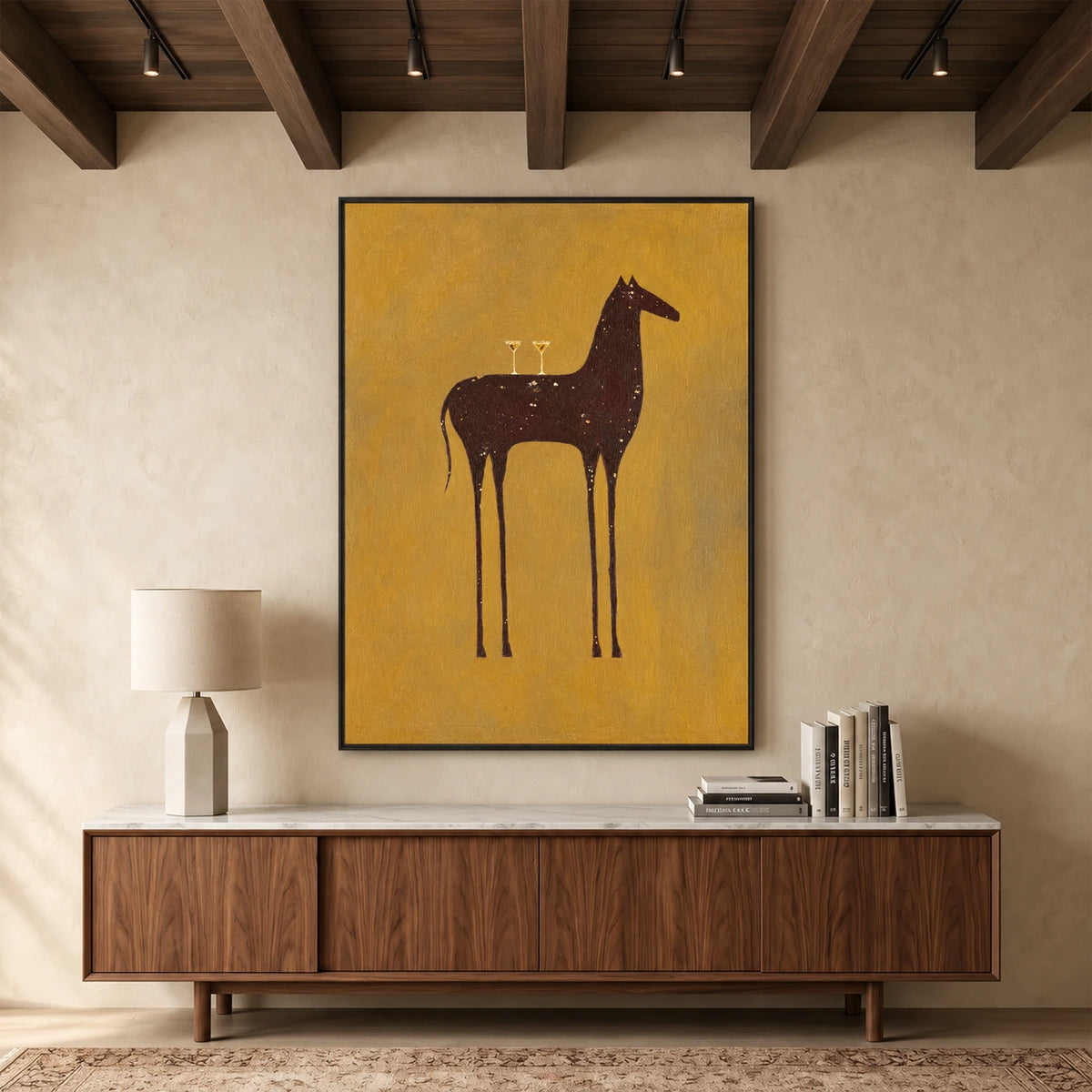 Ochre Steed painting above a wooden sideboard.
