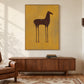 Ochre Steed painting above a midcentury wooden sideboard.