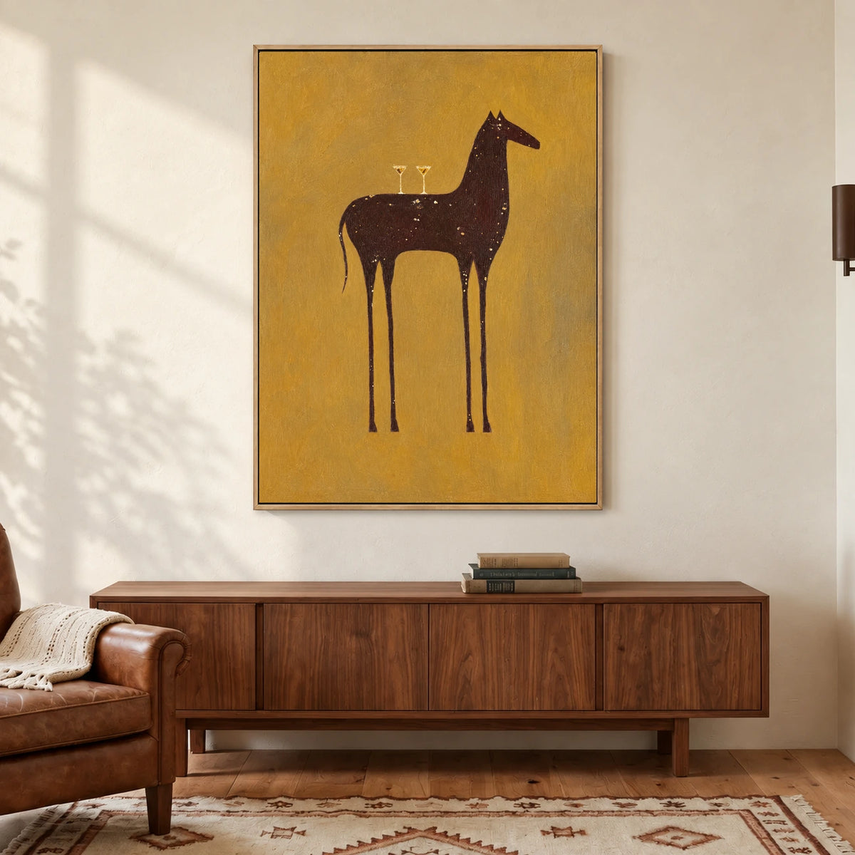 Ochre Steed painting above a midcentury wooden sideboard.