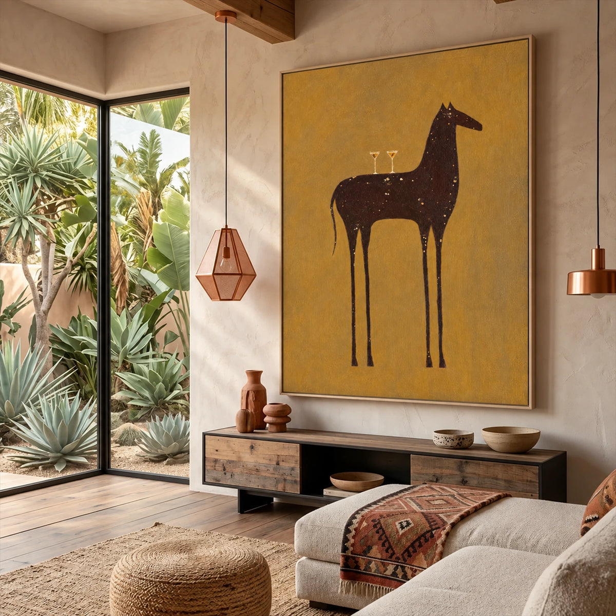 Ochre Steed painting above a rustic console beside tropical plants.