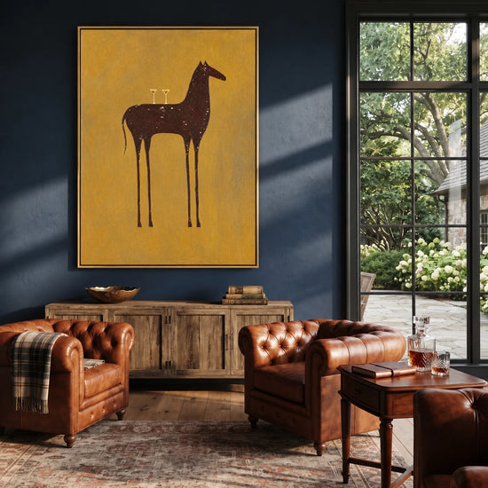 Ochre Steed painting above a brown leather sofa.
