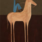 A small blue rider sits above a tall copper-colored horse against a layered field of olive and deep brown. Full artwork without a frame.