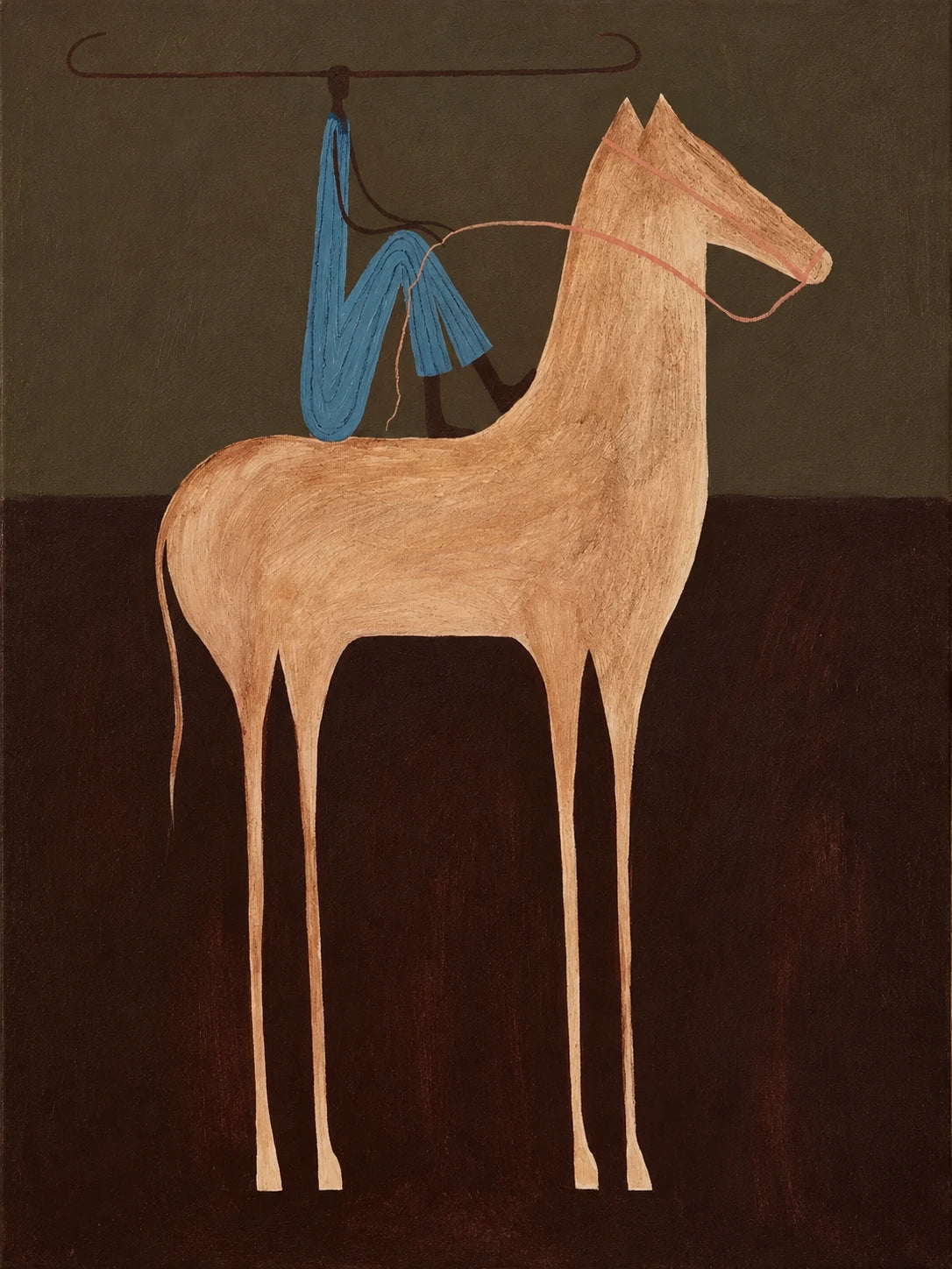 A small blue rider sits above a tall copper-colored horse against a layered field of olive and deep brown. Full artwork without a frame.