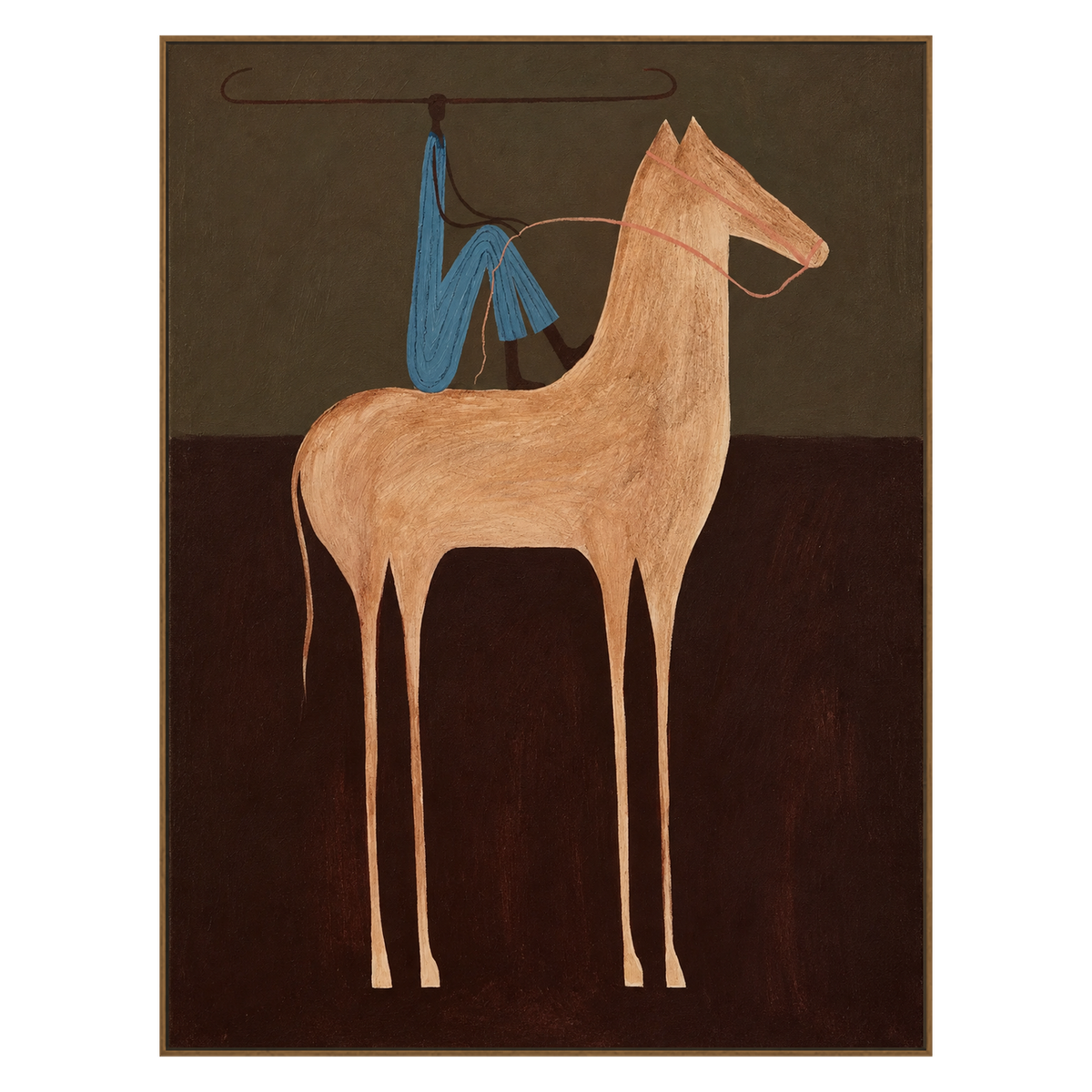 Copper Horseman vertical artwork in a natural wood frame on a transparent background.