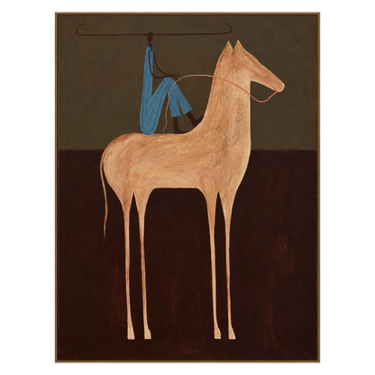Copper Horseman vertical artwork in a natural wood frame on a transparent background.