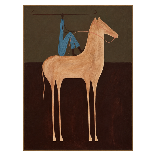 Copper Horseman vertical artwork in a natural wood frame on a transparent background.