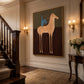 Copper Horseman painting on a stairway wall beside warm sconces.