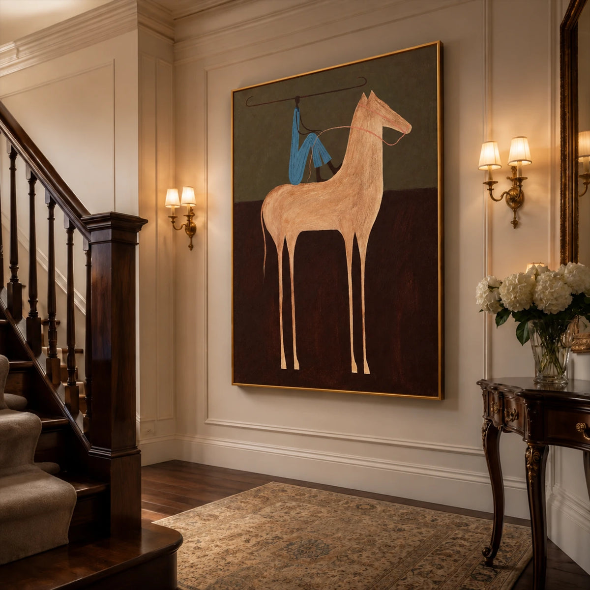 Copper Horseman painting on a stairway wall beside warm sconces.
