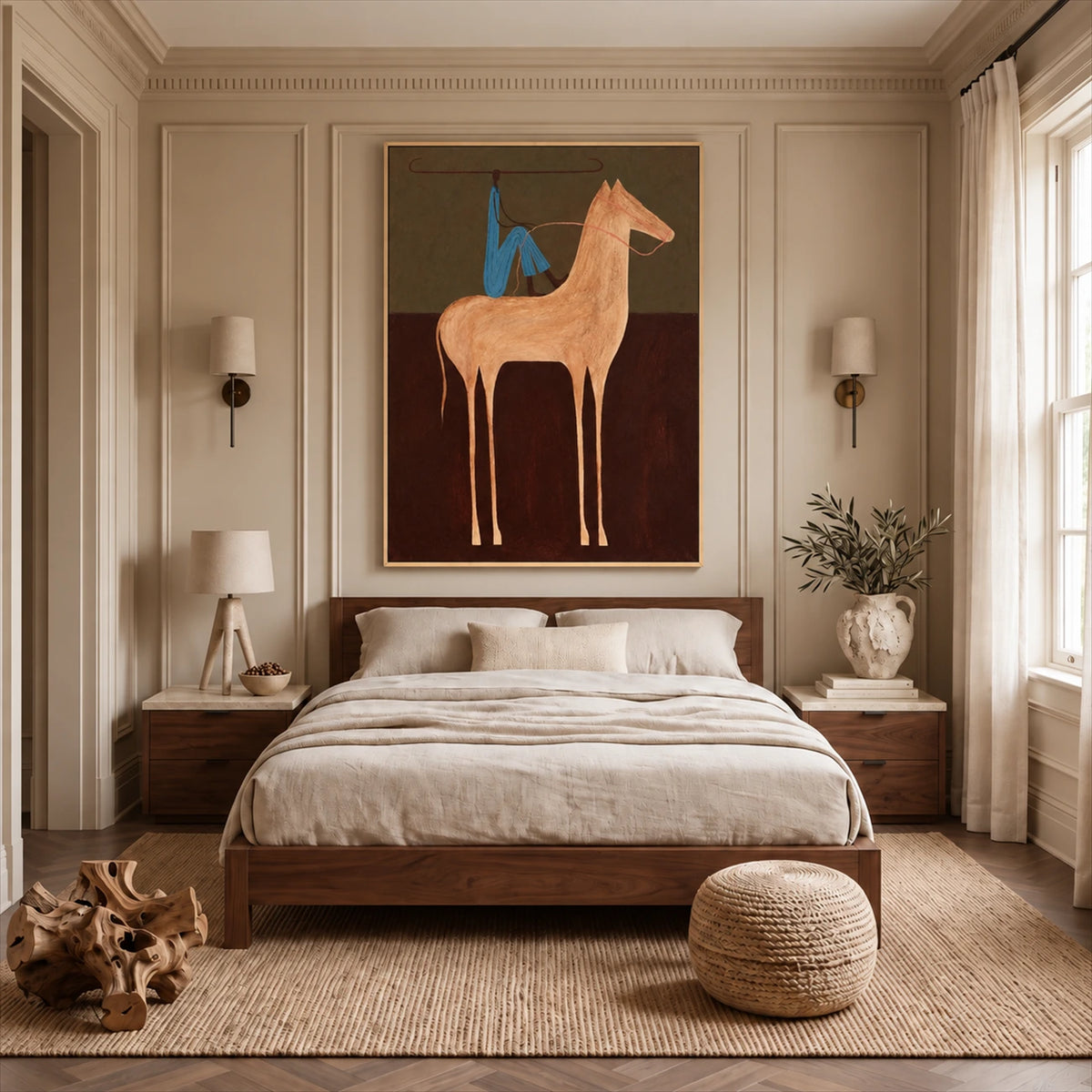 Copper Horseman painting above a bed in a paneled bedroom.