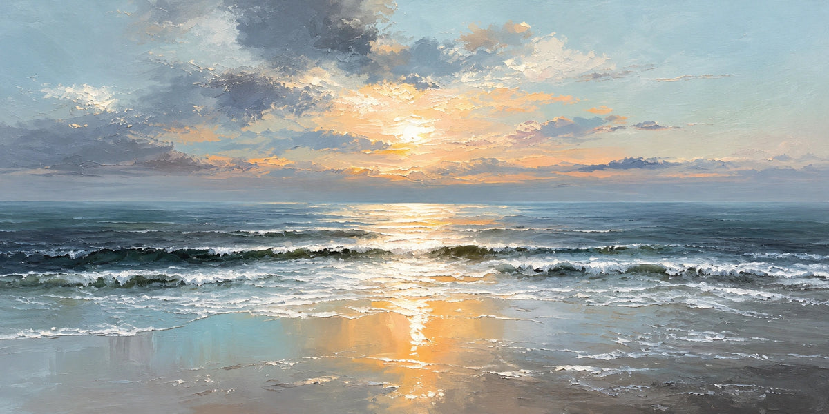 Golden sunlight breaks through layered clouds and spills across a quiet blue sea. Full 2:1 artwork without a frame.