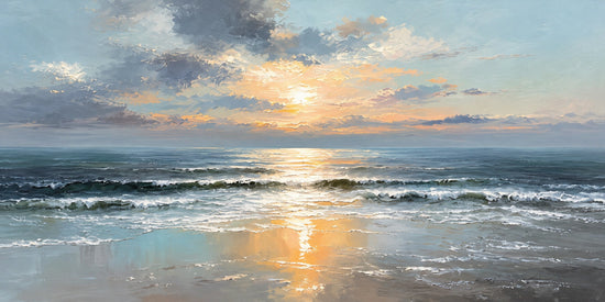 Golden sunlight breaks through layered clouds and spills across a quiet blue sea. Full 2:1 artwork without a frame.