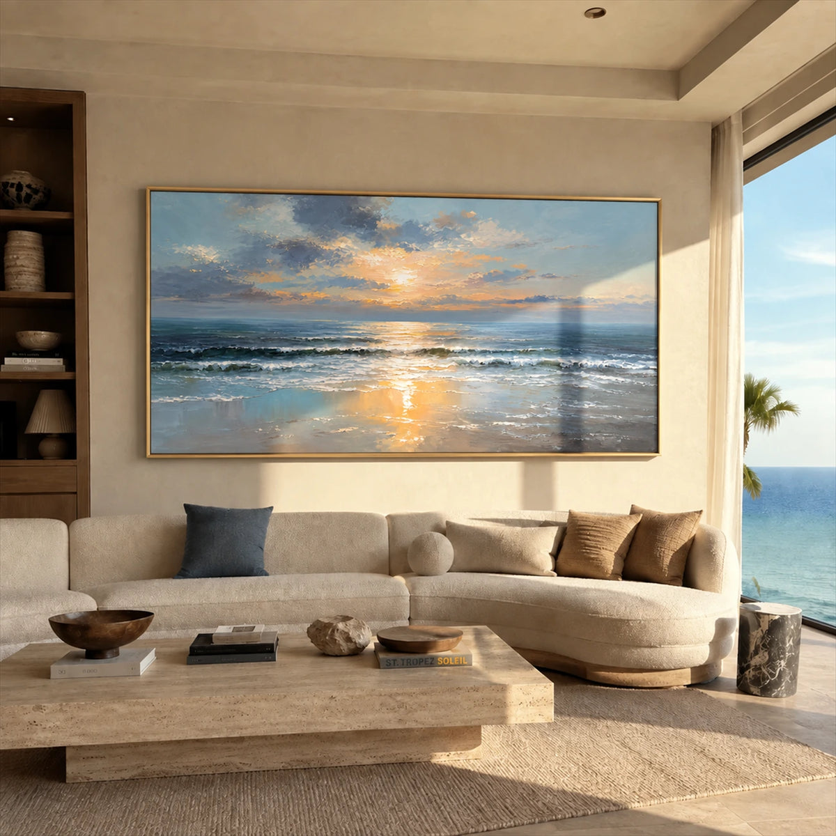 Sunset Shore painting above a cream sofa beside tall windows.