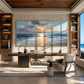 Sunset Shore painting above a desk in a wood-paneled room.