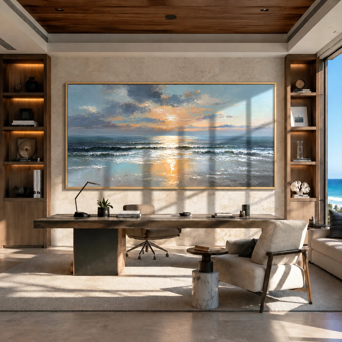 Sunset Shore painting above a desk in a wood-paneled room.