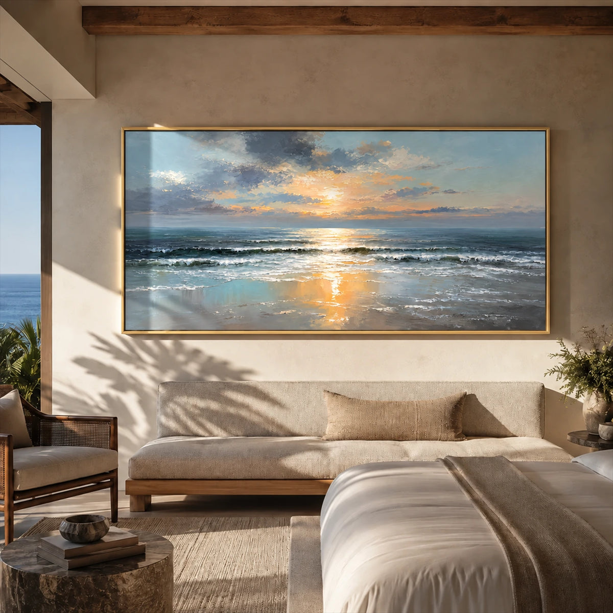 Sunset Shore painting above a low console beside a bed.