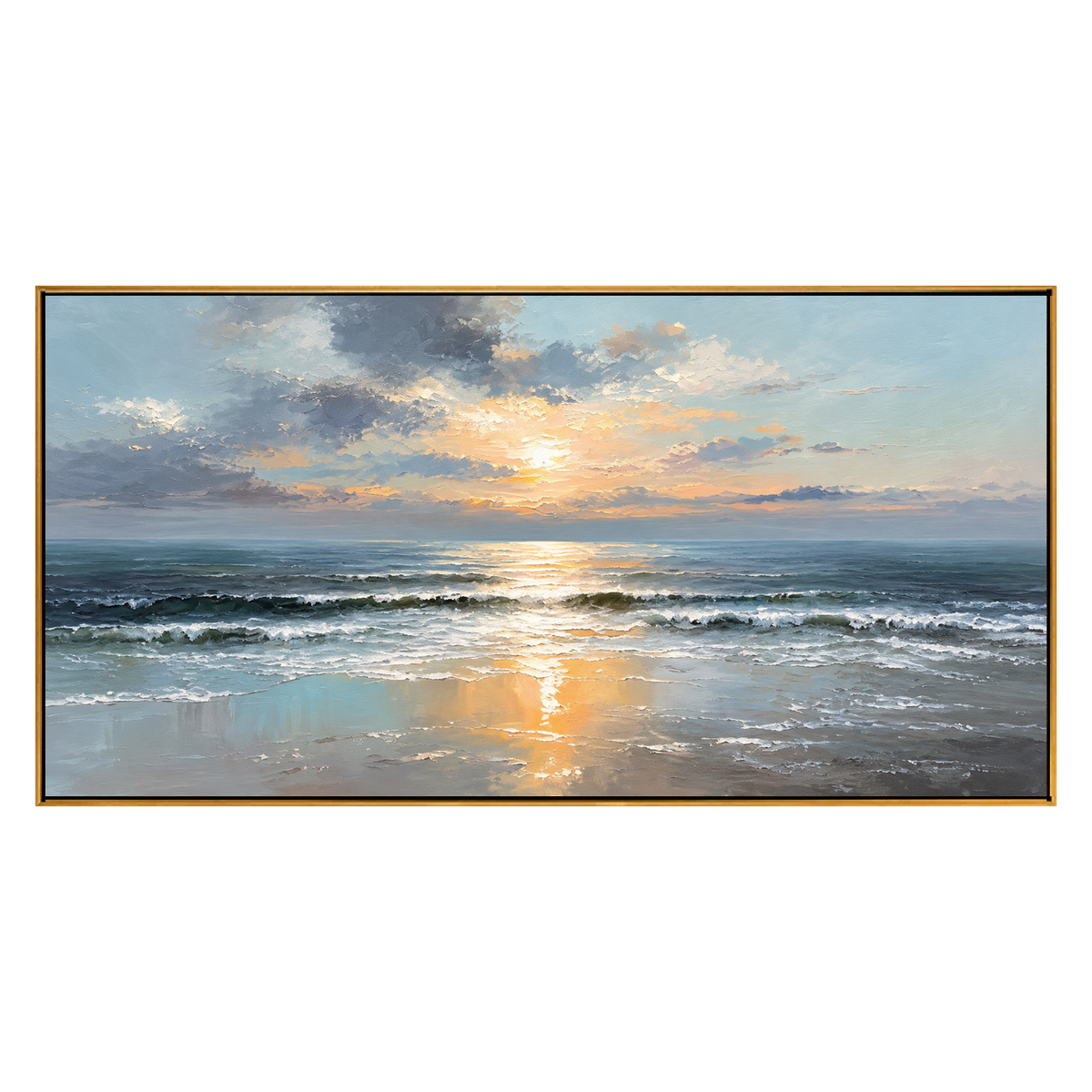 Sunset Shore panoramic artwork in a natural wood frame on a transparent background.