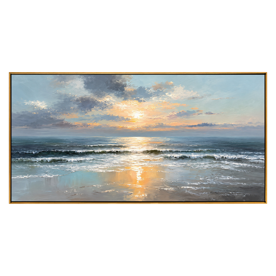 Sunset Shore panoramic artwork in a natural wood frame on a transparent background.