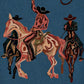 Three riders gather against a deep blue field as a looping lasso arcs overhead. Full artwork without a frame.