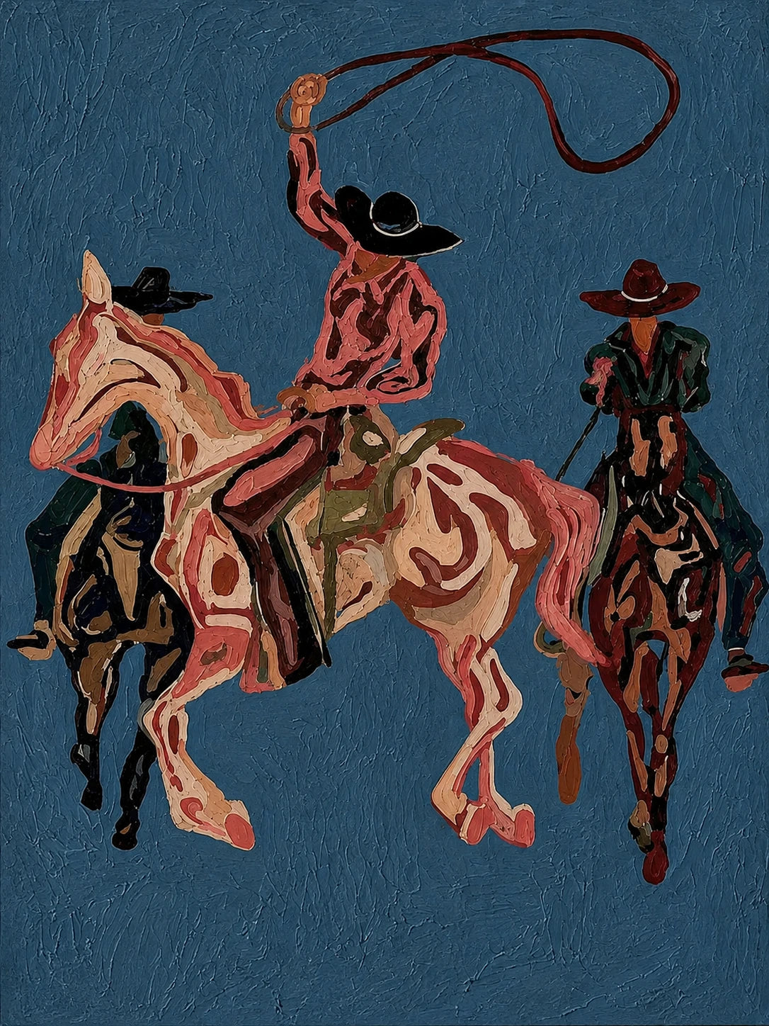 Three riders gather against a deep blue field as a looping lasso arcs overhead. Full artwork without a frame.